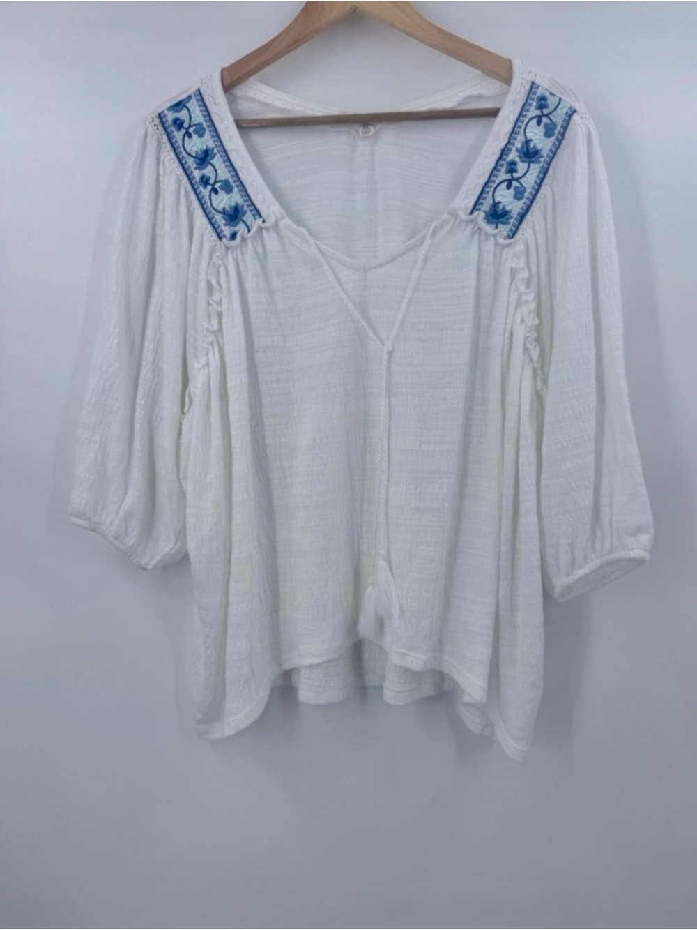 Greige white peasant top womens balloon sleeve embroidered blouse relaxed fit XL